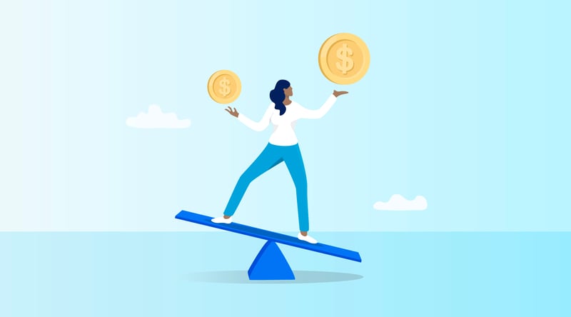 An illustration of a woman on a see-saw. She is balancing money in her hands. 