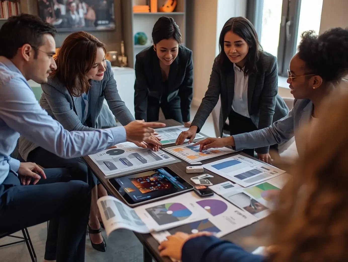 A collaborative planning moment for a corporate event or brand experience. A small team gathered around a table reviewing stage layouts, mood boards, and venue plans on a tablet and printed materials. Subtle brand colors present in the  (1