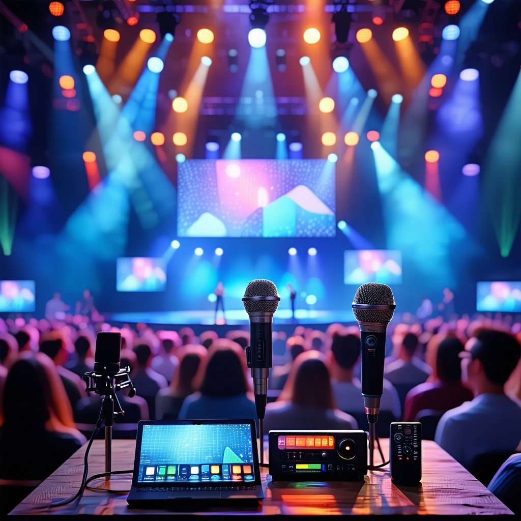 The image should visually encapsulate the essence of audiovisual technology in the context of events featuring a dynamic blend of elements such as microphones projectors speakers and display screens Background imagery could include a vibrant event se-1