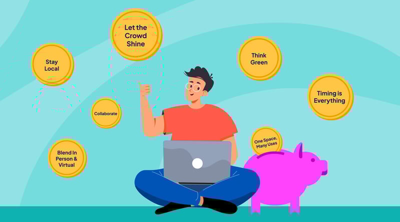 man sitting with laptop in lap and piggy bank and coins floating around