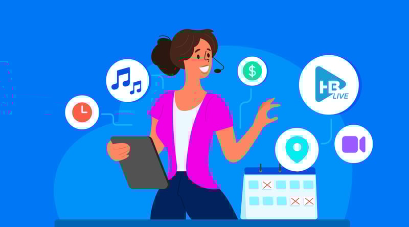a woman from an event planning committee on event night wearing a headset, holding a tablet, surrounded by event planning icons like a calendar, dollar sign, location pin, and music notes on a blue background