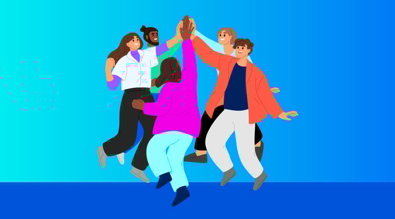 diverse event planning committee and program committee celebrating success with a group high-five, set against a gradient blue background