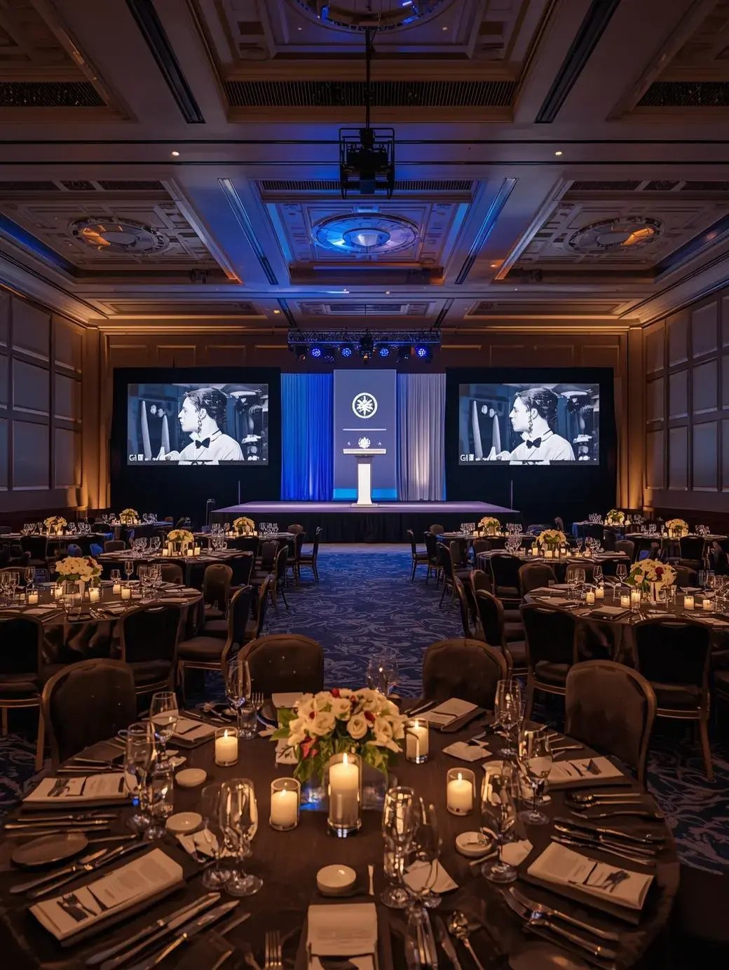 Elegant gala dinner event setup in a luxury ballroom, beautifully arranged round tables with formal place settings and soft candle lighting, professionally designed stage with large LED screens and podium, sophisticated stage lighting illu