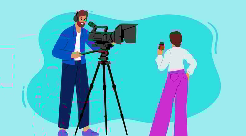person behind a camera rehearsing with another person with a microphone
