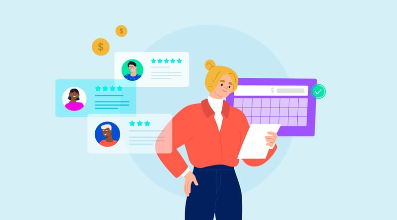 motivational speaker trying to find speakers while reviewing her calendar and reviews of other keynote speakers
