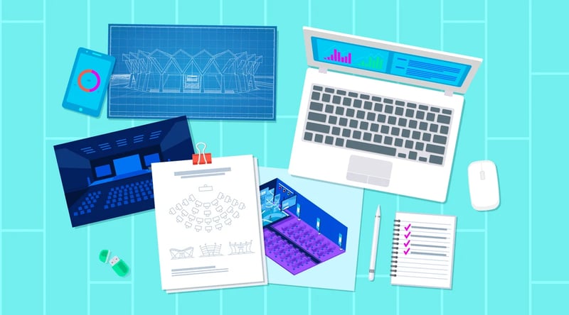 a desk with a computer, papers, notes, pens, and a phone, stages of a live event, seating plan