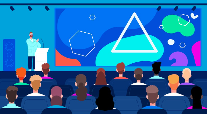 An illustration that shows a man on a stage behind a podium explaining his content to a large audience. 