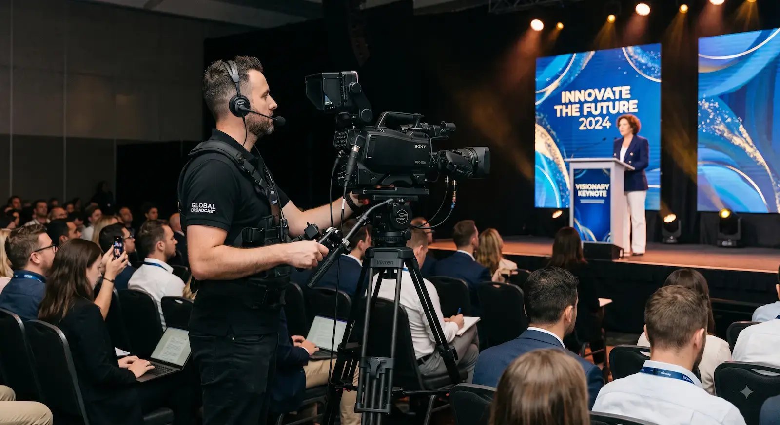 Camera operator on a broadcast camera capturing a keynote speaker on stage, audience seated in the foreground.