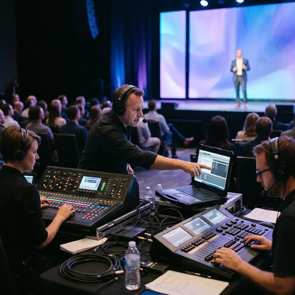 Technical director and on-site crew running production for a company kickoff event