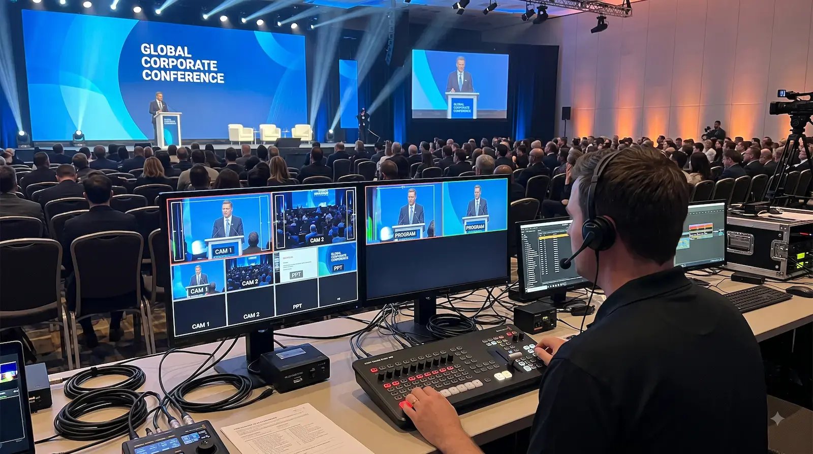 Multi-camera event live streaming production setup at a Connecticut corporate conference