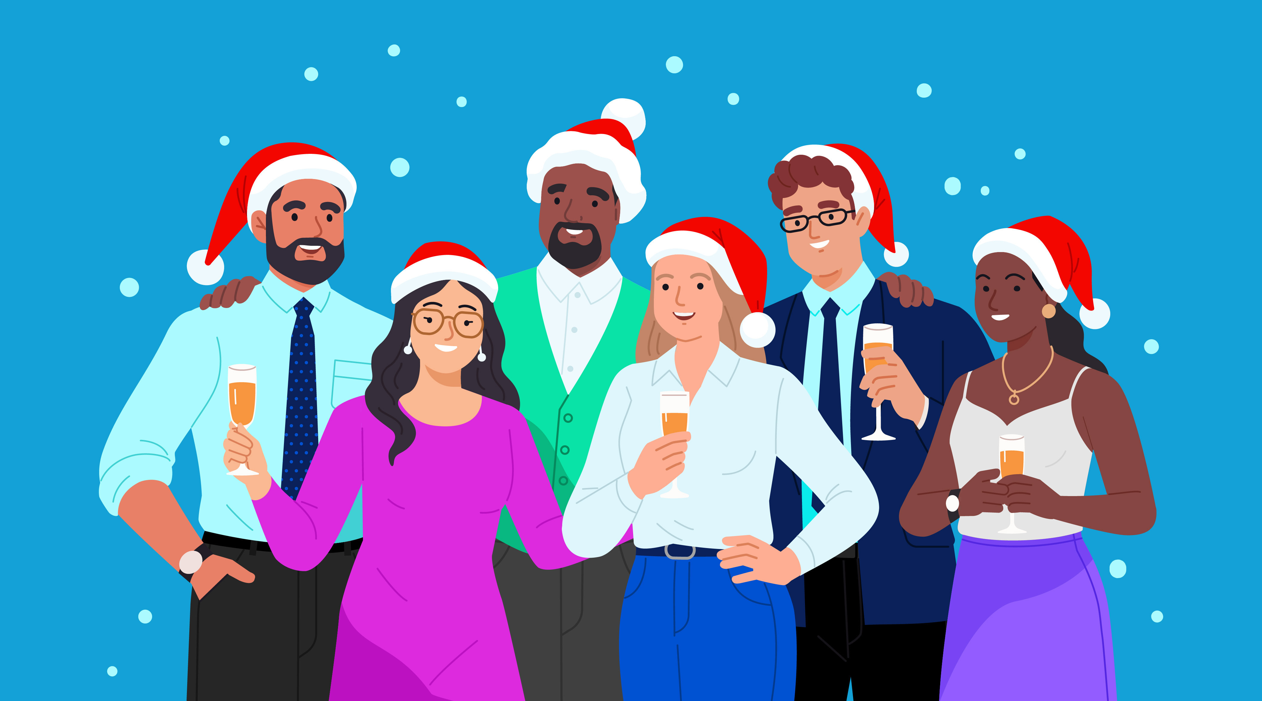 a group of colleagues wearing Santa hats, celebrating with champagne during a festive holiday party