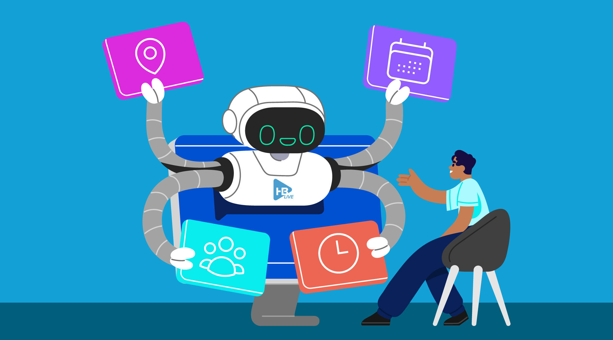 robot holding different posters with different icons and man sitting in chair 