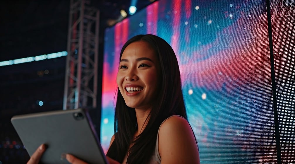 woman with ipad and led wall in the back