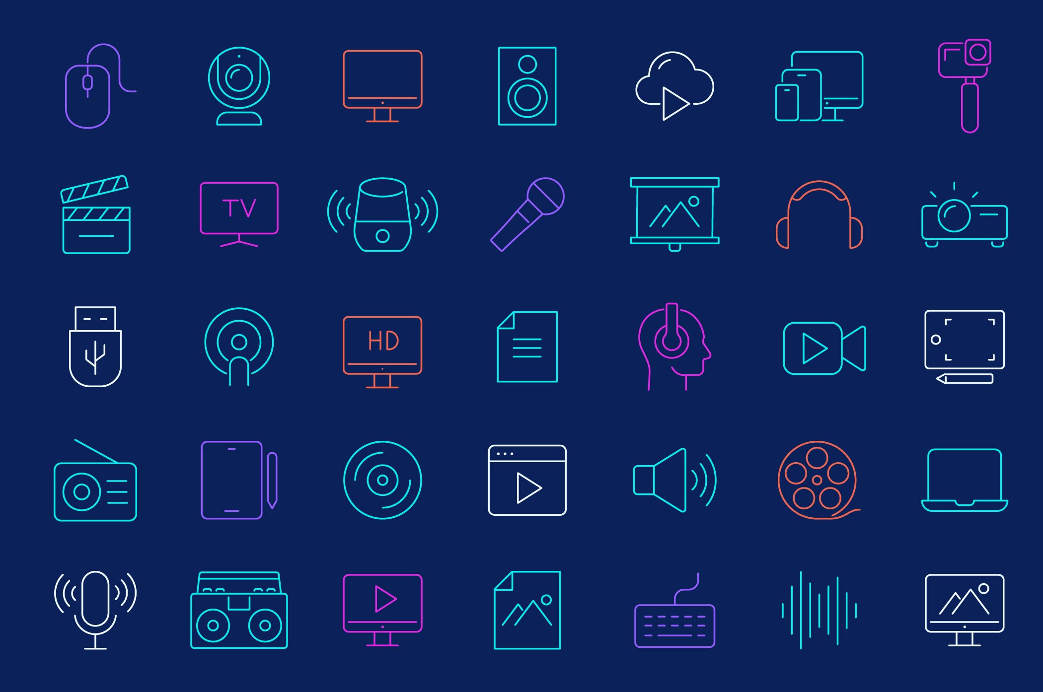 event technology icons with mics, speakers, live streaming, videos, tvs