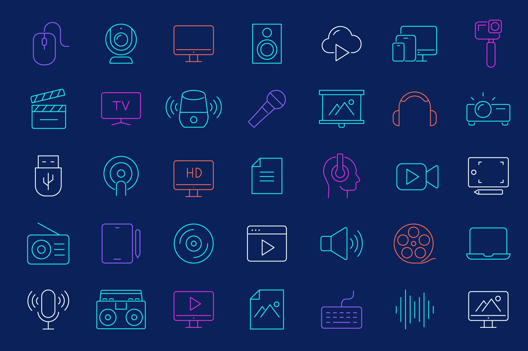 event technology icons with mics, speakers, live streaming, videos, tvs