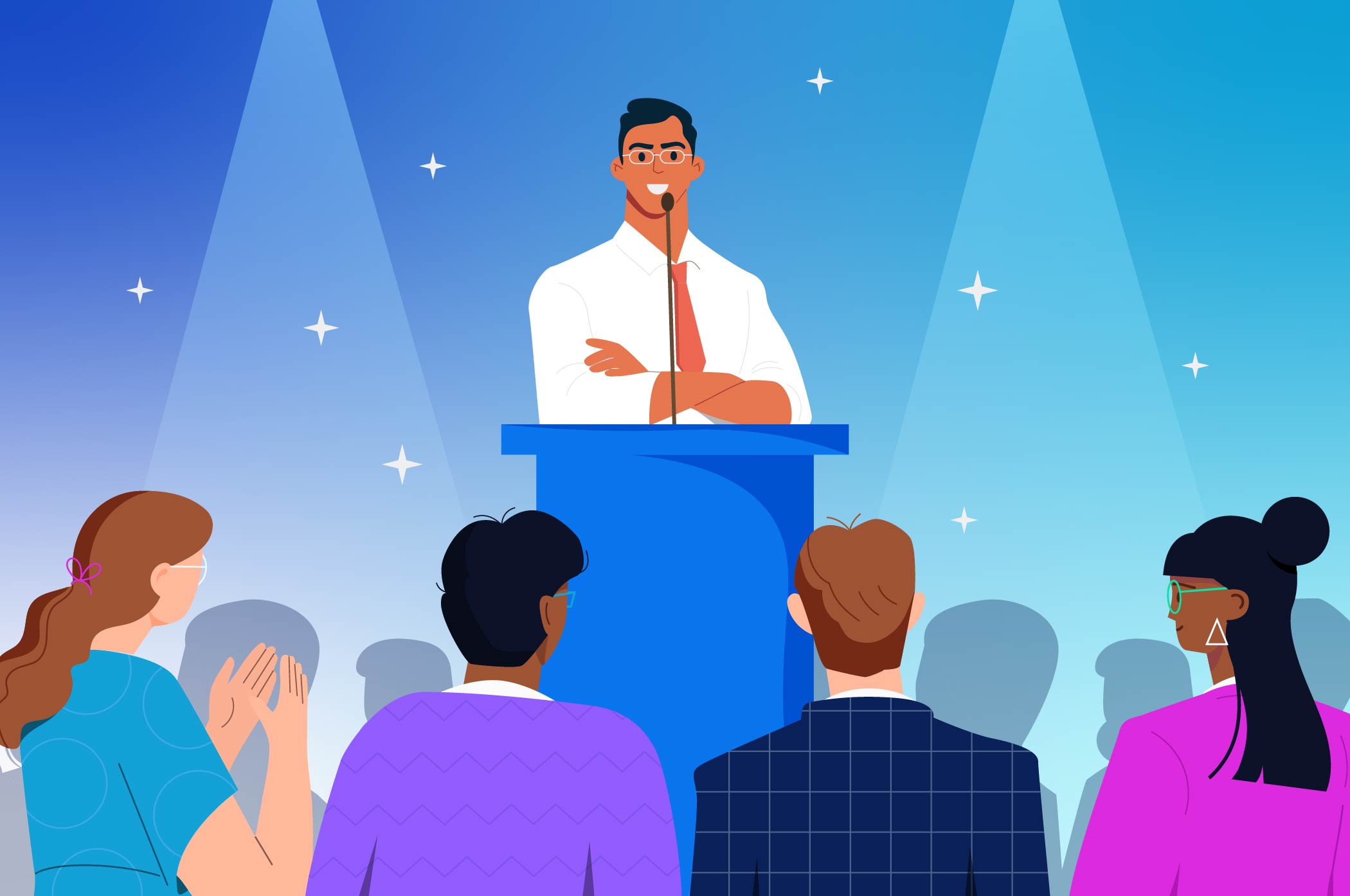 man at podium presenting to a wider audience
