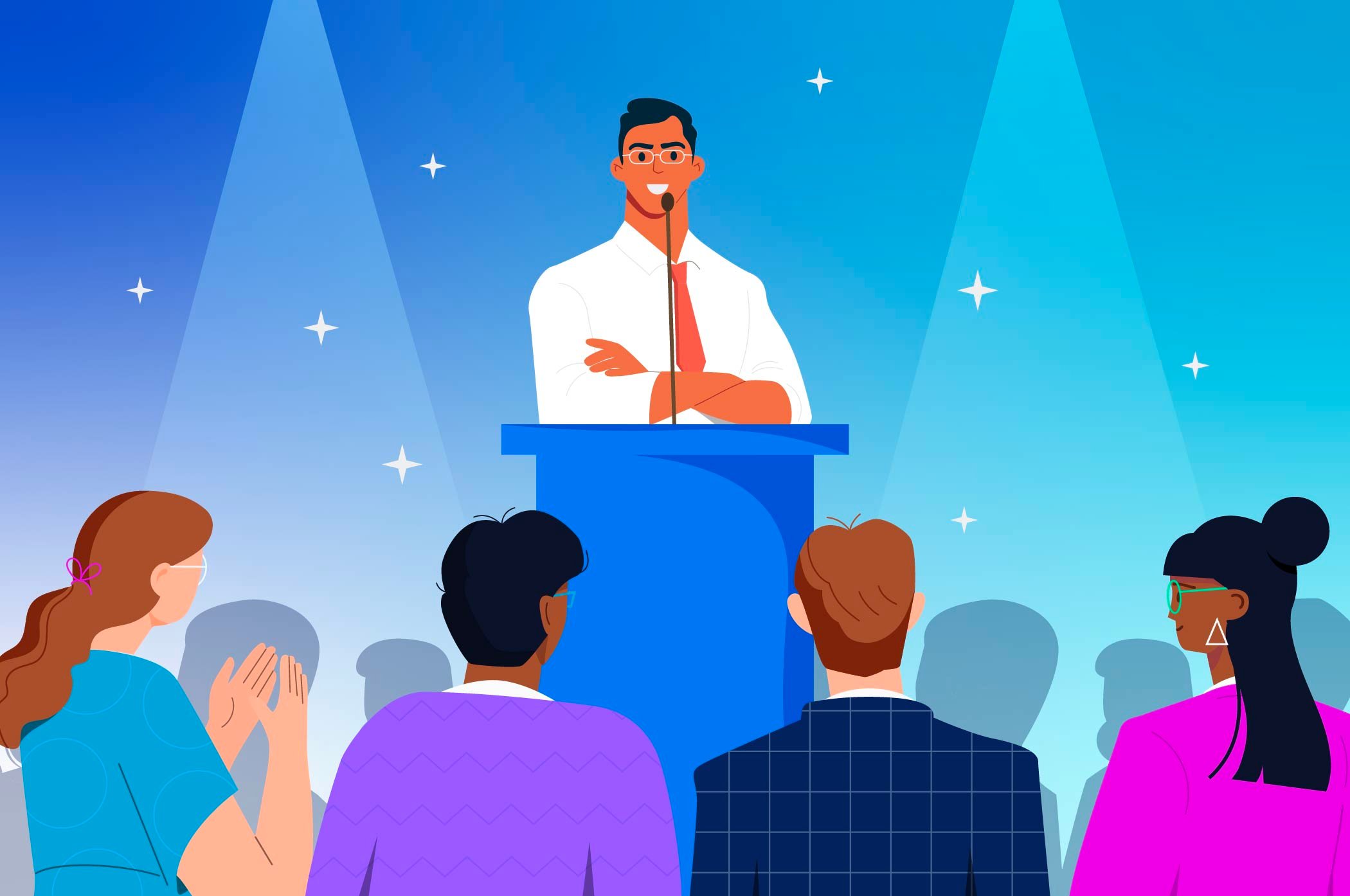 man at podium presenting to a wider audience