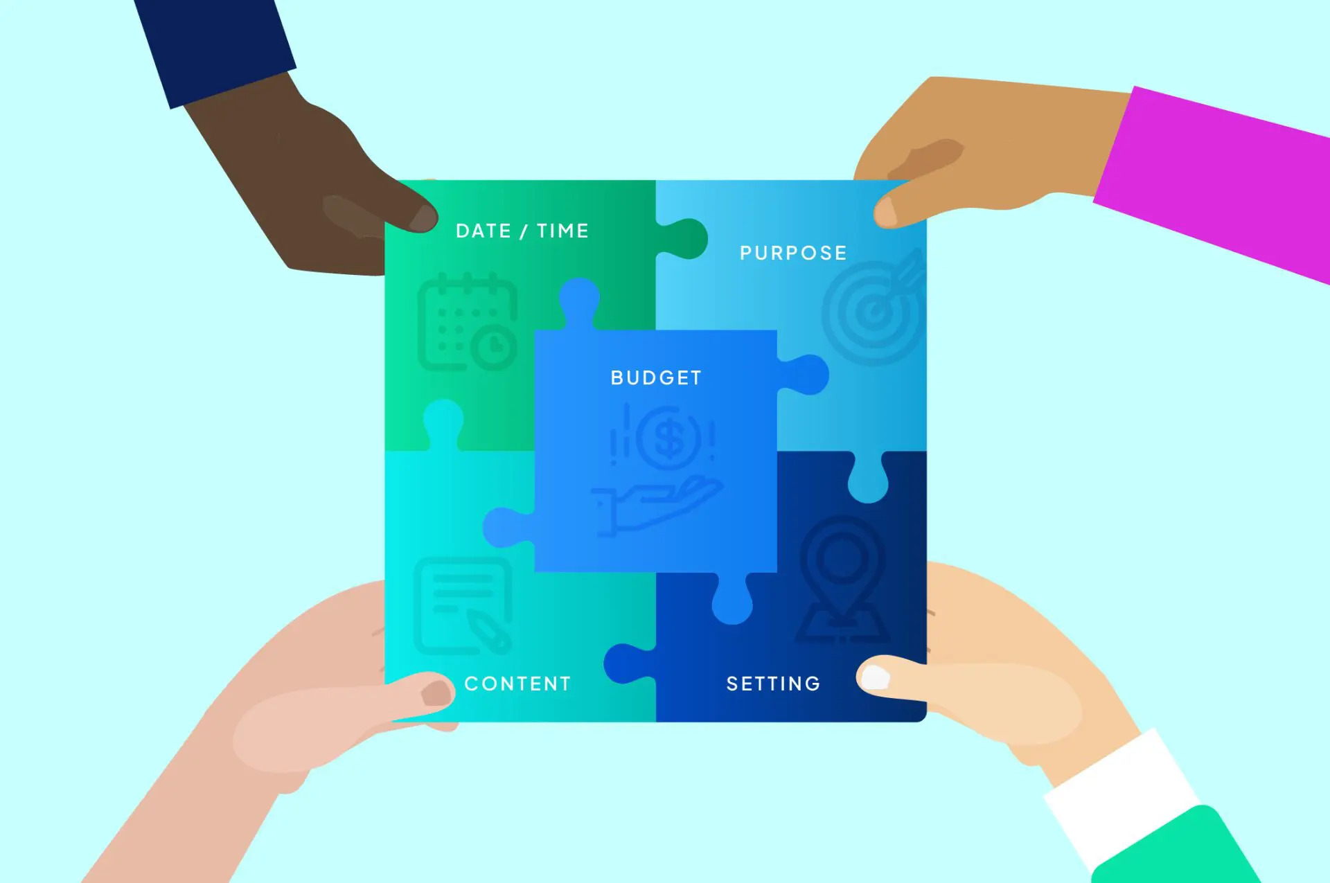 Stages of a live event as puzzle pieces. Successful planning includes date and time, purpose, setting, content and budget.